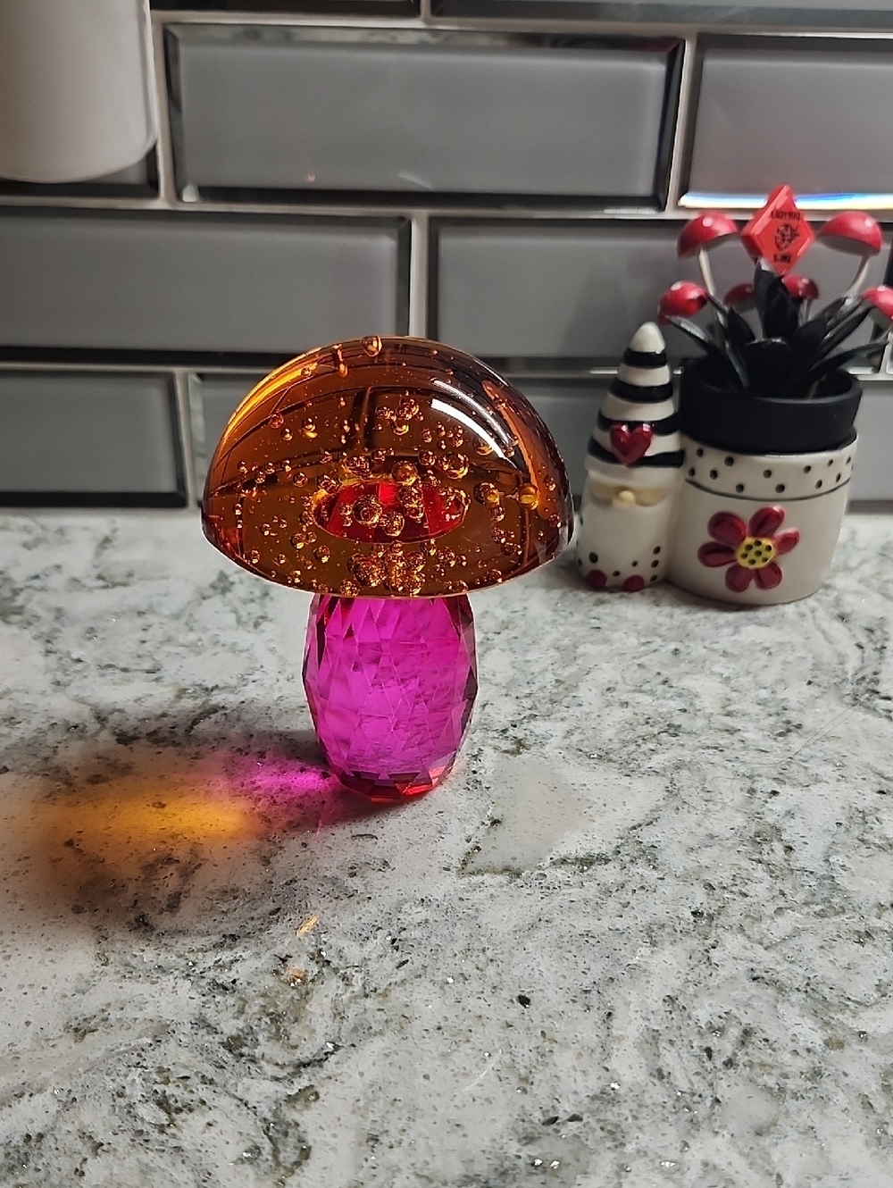 Faceted Glass Mushroom Paperweight with Controlled Bubbles